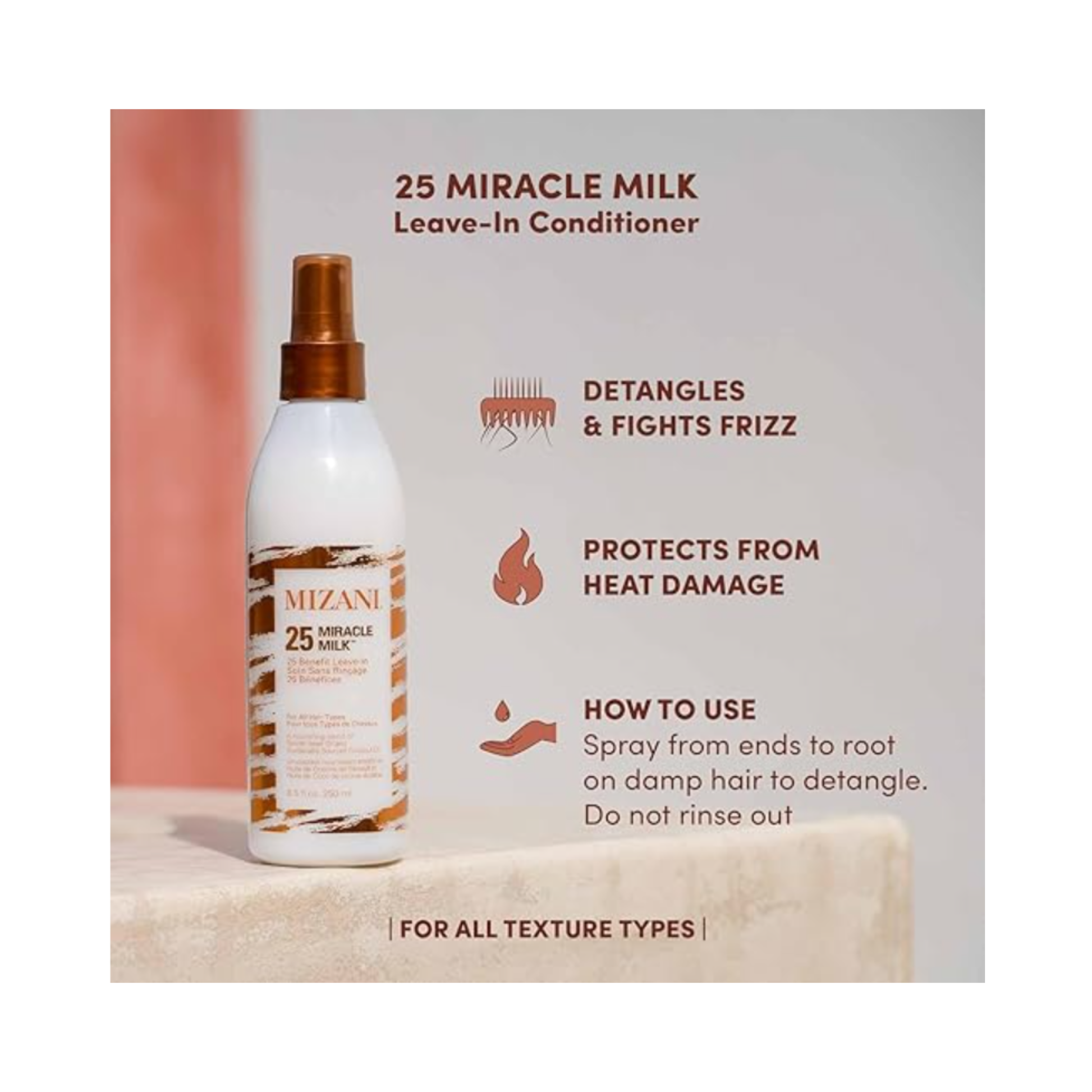 Mizani 25 Benefit Miracle Milk 8.5 oz leave-in conditioning spray bottle on a white background