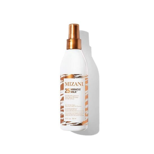 Mizani 25 Benefit Miracle Milk 8.5 oz leave-in conditioning spray bottle on a white background