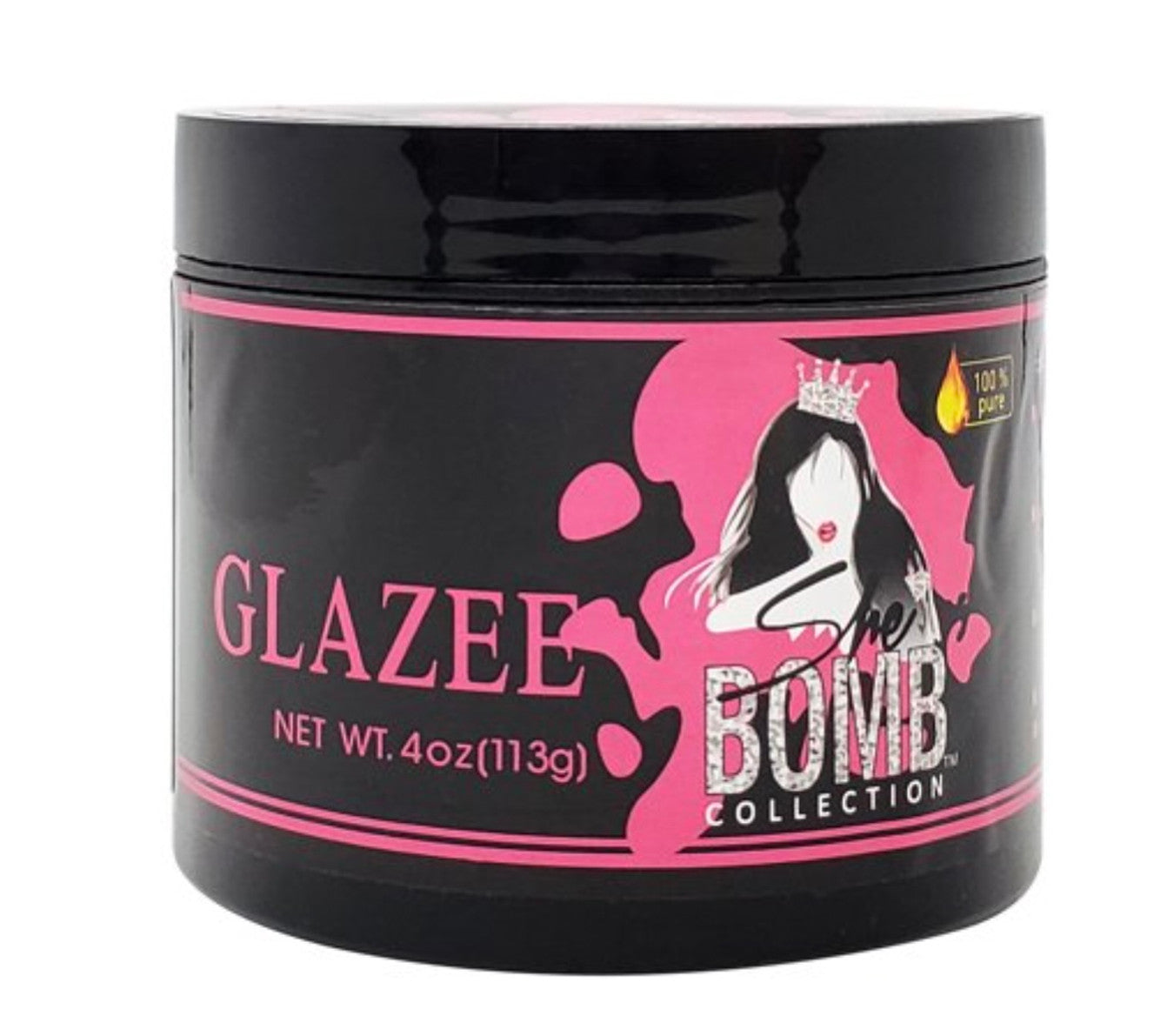 She Is Bomb Glazee 4 oz finishing glaze for shine, smooth flyaways, and polished hairstyles.