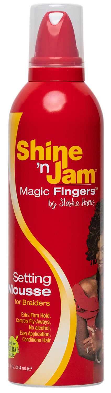 Ampro Shine 'n Jam Magic Fingers Setting Mousse 12oz bottle for frizz control and braid styling.