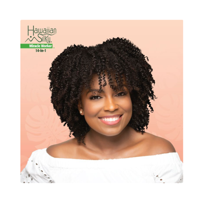 A smiling woman with short, tightly curled black hair wearing a white off-the-shoulder top, shown against a peach background with the Hawaiian Silky Miracle Worker 14-in-1 logo in the upper left.