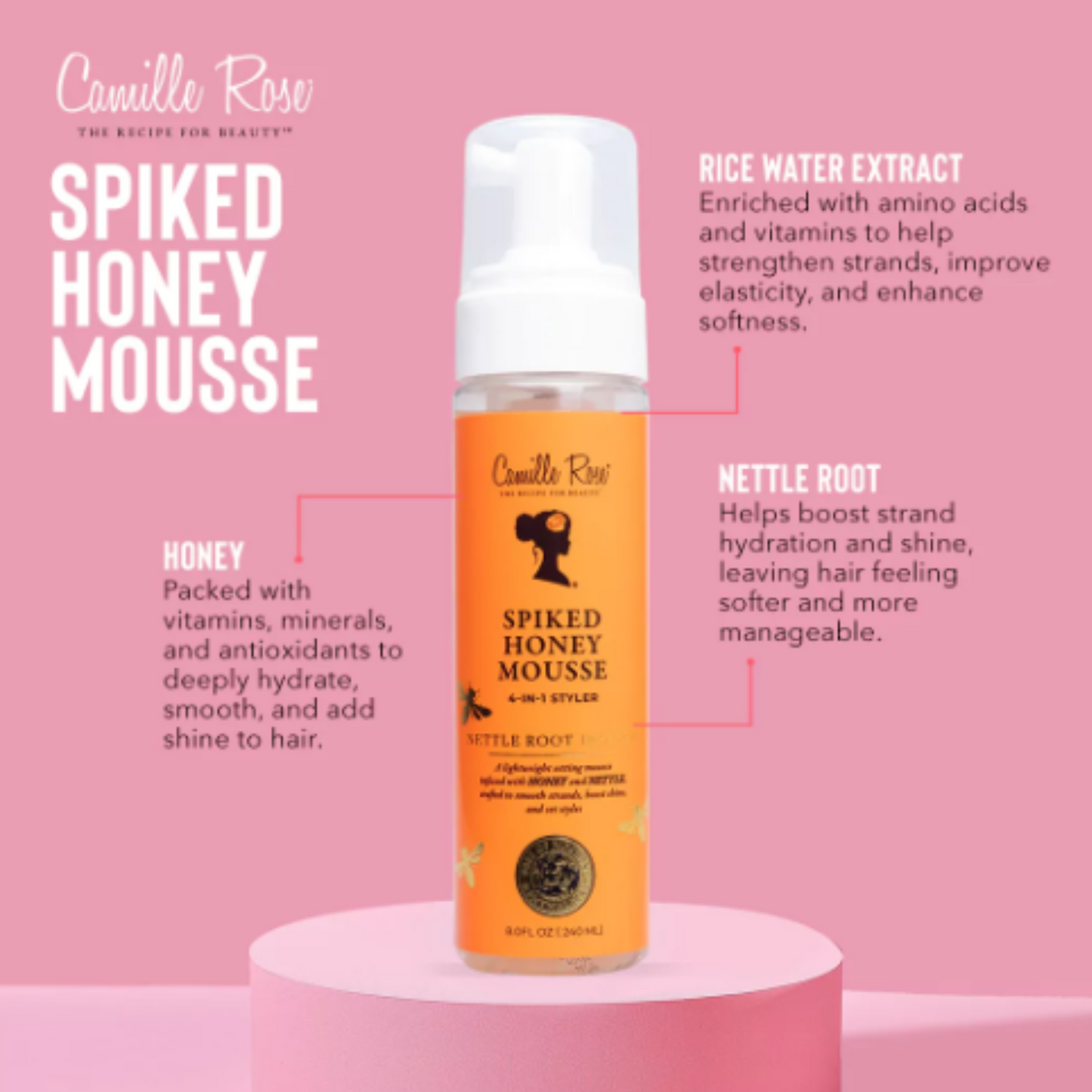 Camille Rose Spiked Honey Mousse 4-in-1 Styler – A lightweight, honey-infused styling mousse for defined, frizz-free curls with hydration and hold.