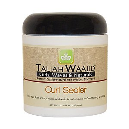 Taliah Waajid Curl Sealer designed for natural hair care, with the product description and usage information on the label.