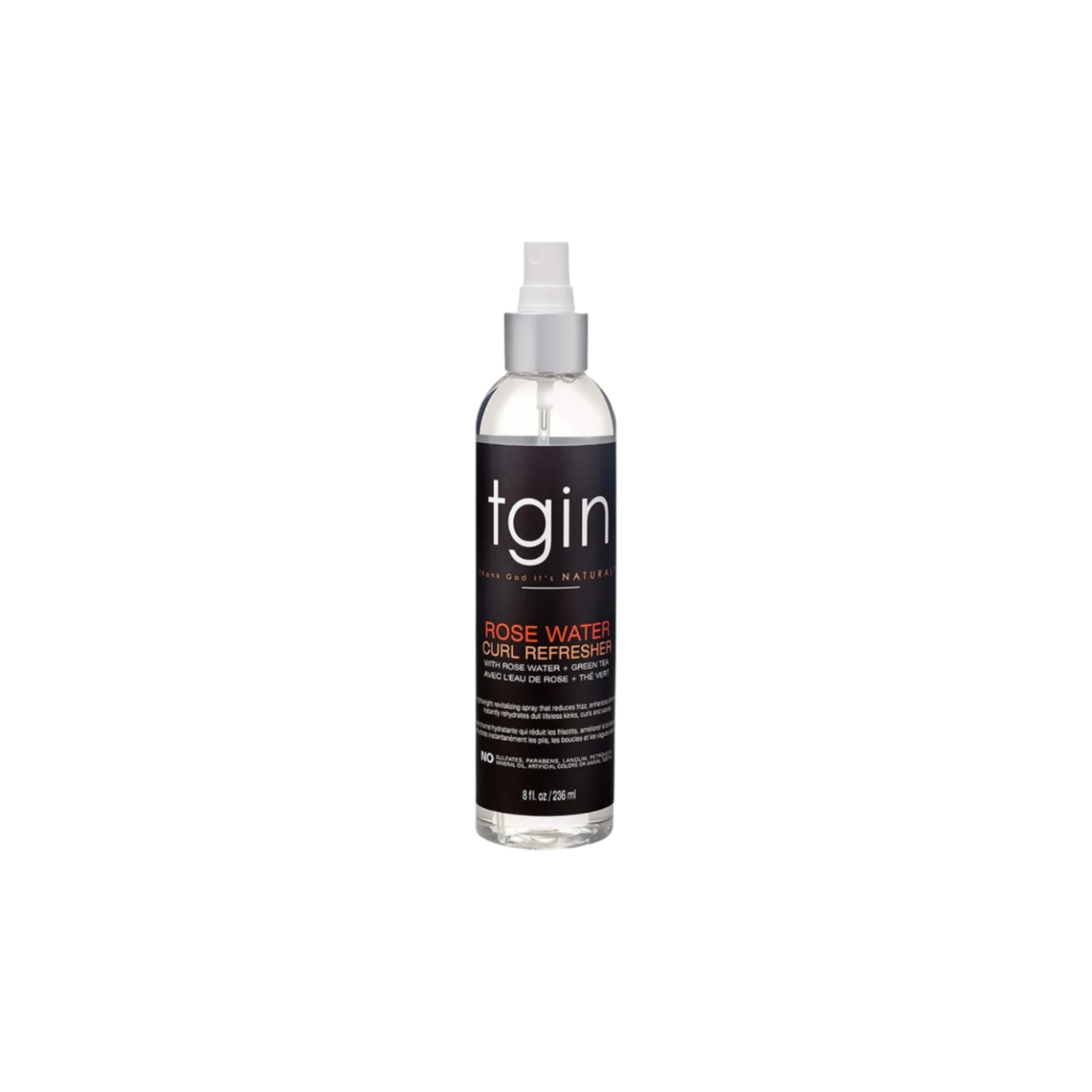 TGIN Rose Water Hydrating Hair Refresher – A lightweight mist infused with rose water and coconut oil to refresh, hydrate, and revive curls between washes.