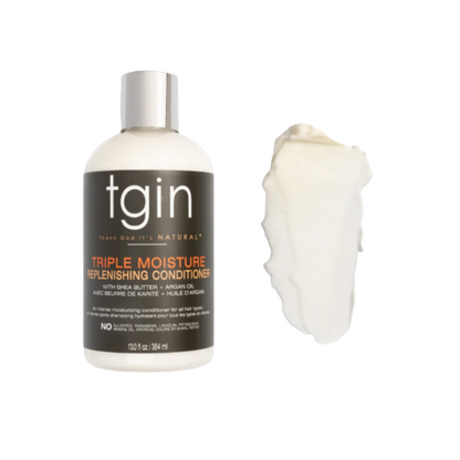 Deeply hydrate and strengthen hair with TGIN Triple Moisture Replenishing Conditioner. A nourishing formula with shea butter and argan oil for soft, healthy curls