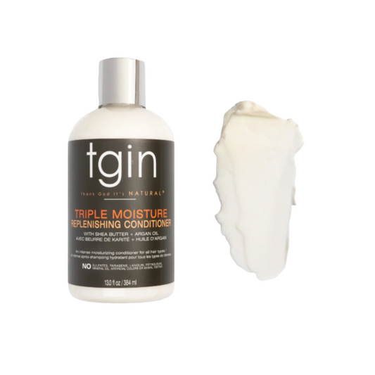Deeply hydrate and strengthen hair with TGIN Triple Moisture Replenishing Conditioner. A nourishing formula with shea butter and argan oil for soft, healthy curls