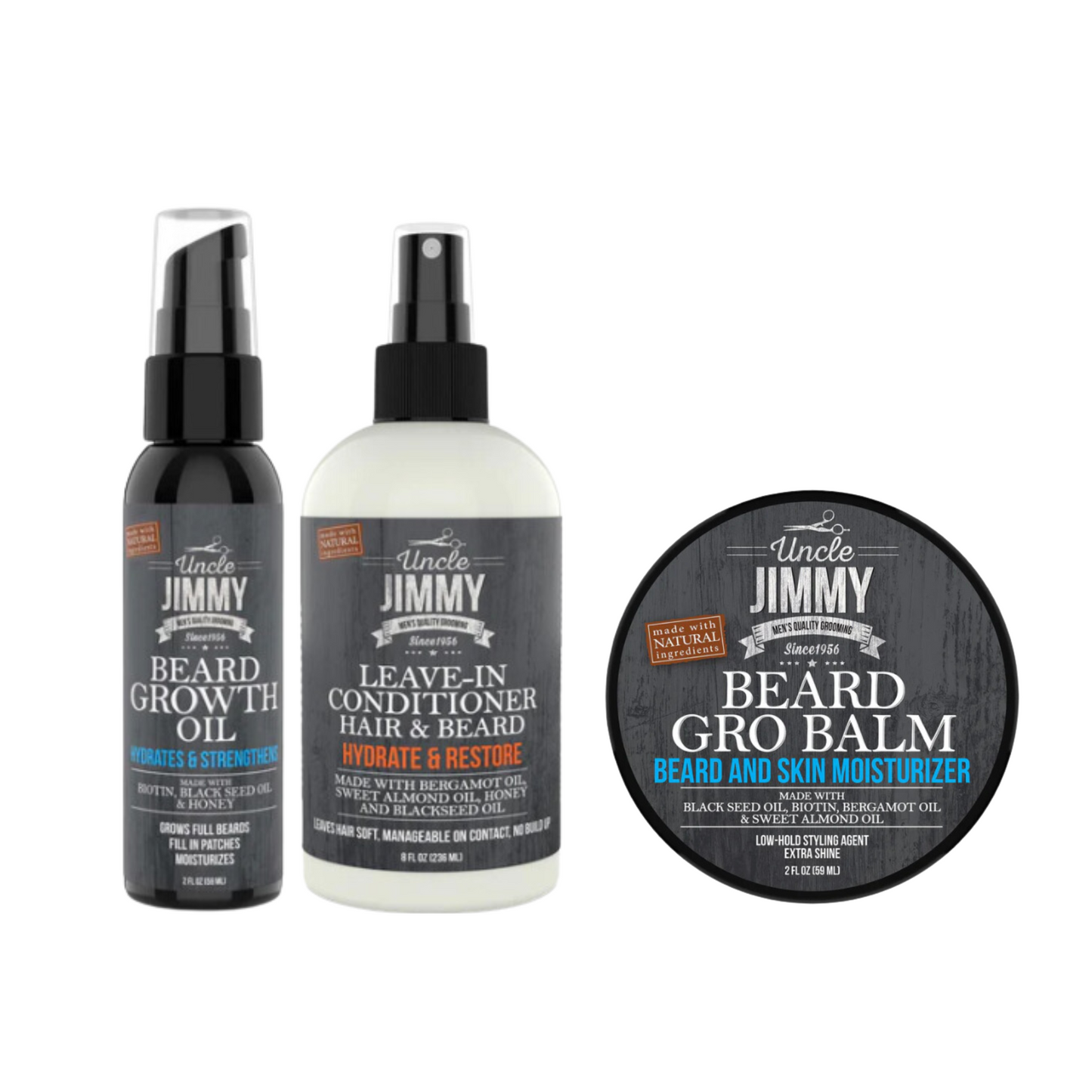 Uncle Jimmy Beard Growth Bundle – Includes Beard Growth Oil, Hair & Beard Leave-In Conditioner, and Beard Grow Balm & Skin Moisturizer for a fuller, healthier beard.