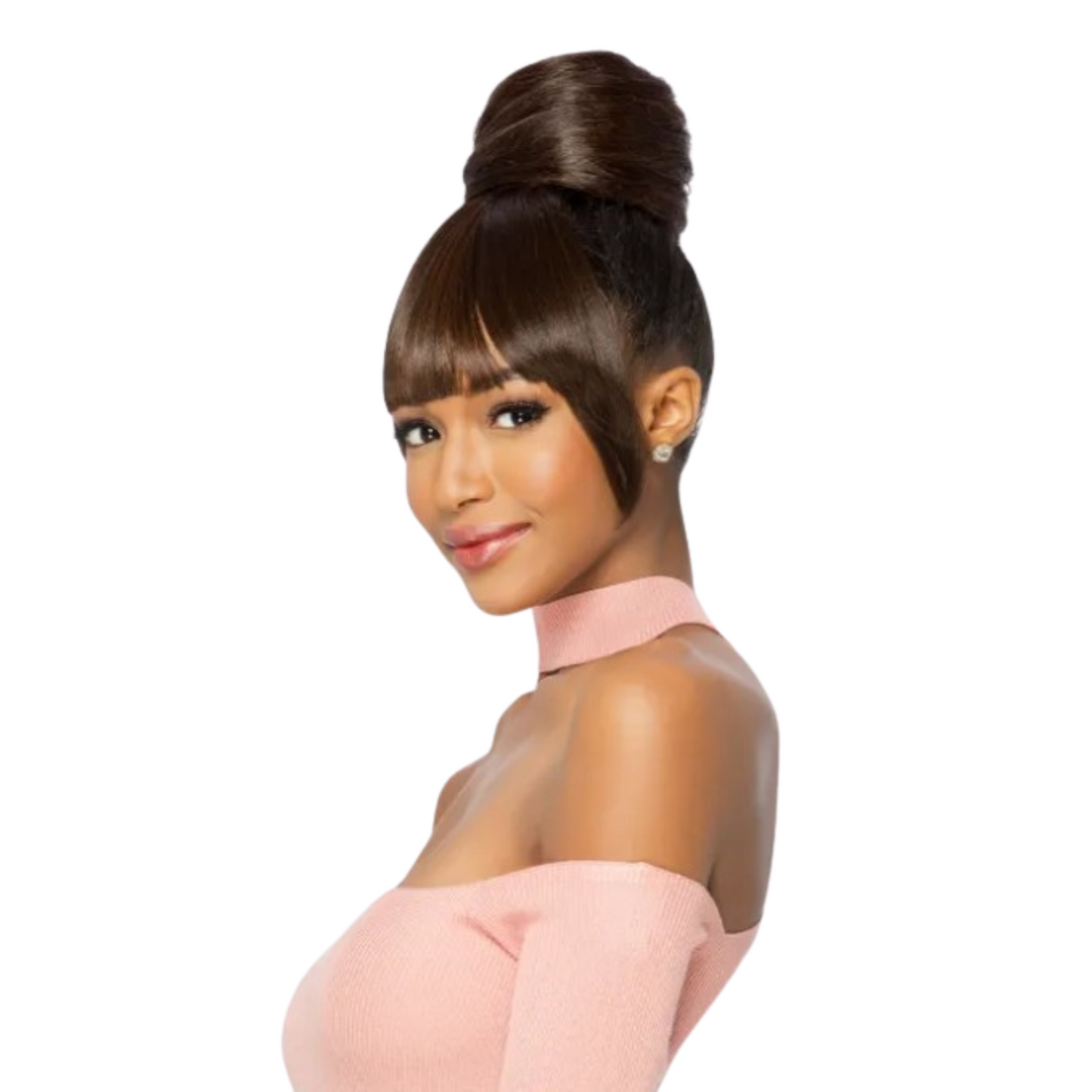 Side view of the Vivica Fox Bang N Bun BPB-SHY hairpiece showing natural texture and volume.