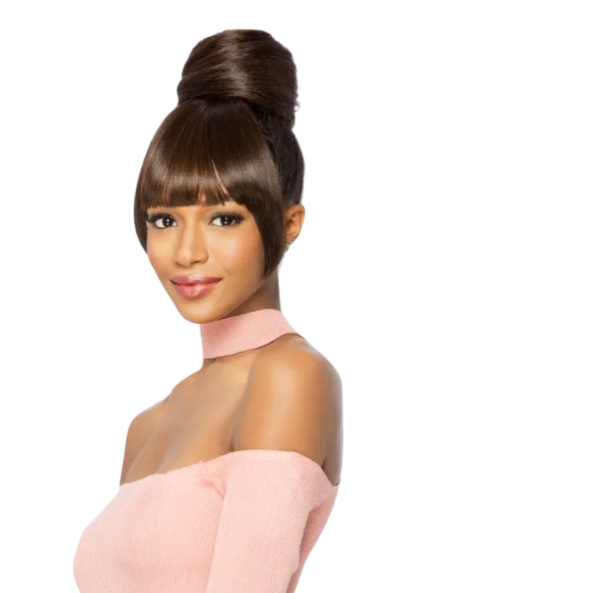 Model wearing the Vivica Fox Bang N Bun BPB-SHY hairpiece for an easy, natural-looking updo