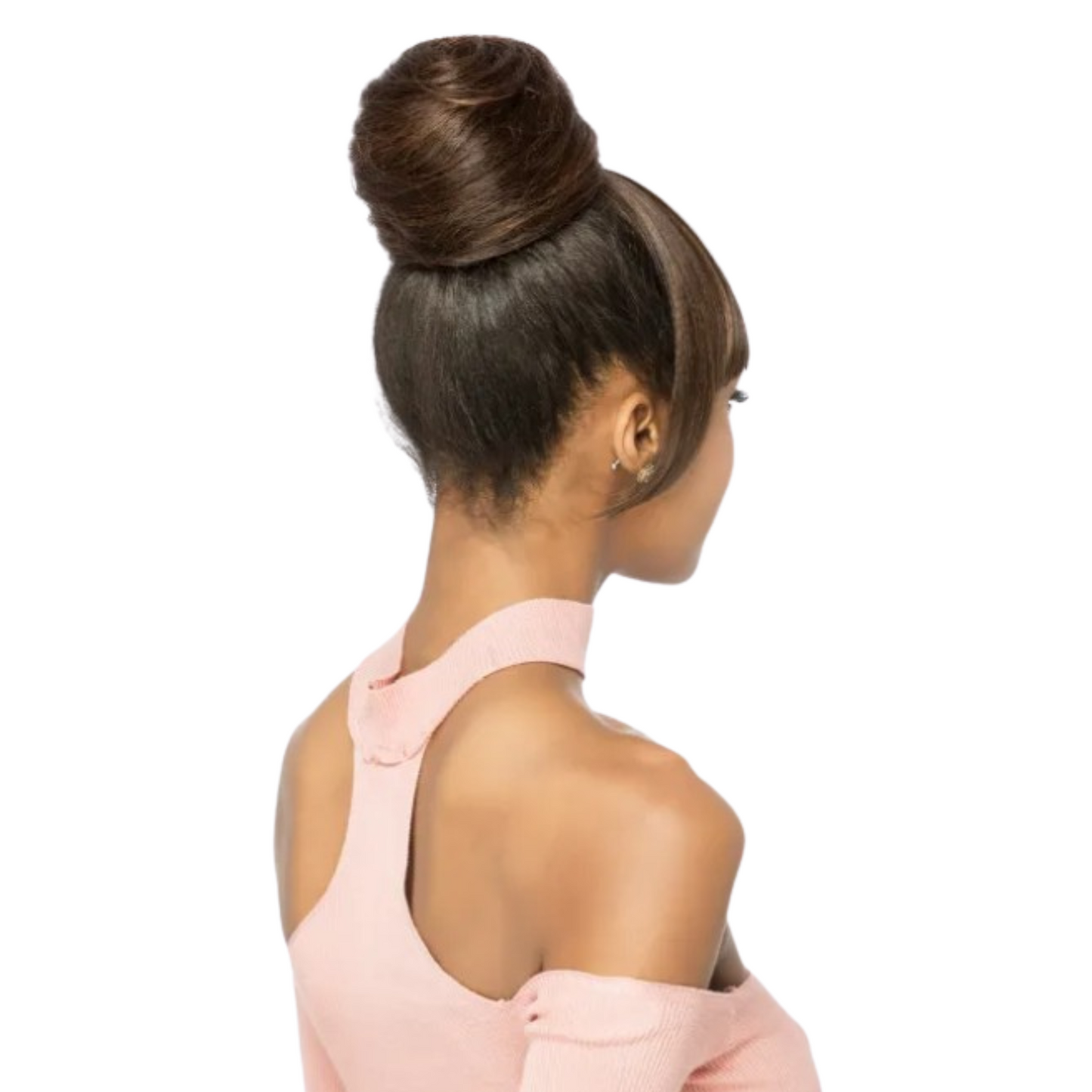 Model wearing the Vivica Fox Bang N Bun BPB-SHY hairpiece for an easy, natural-looking updo